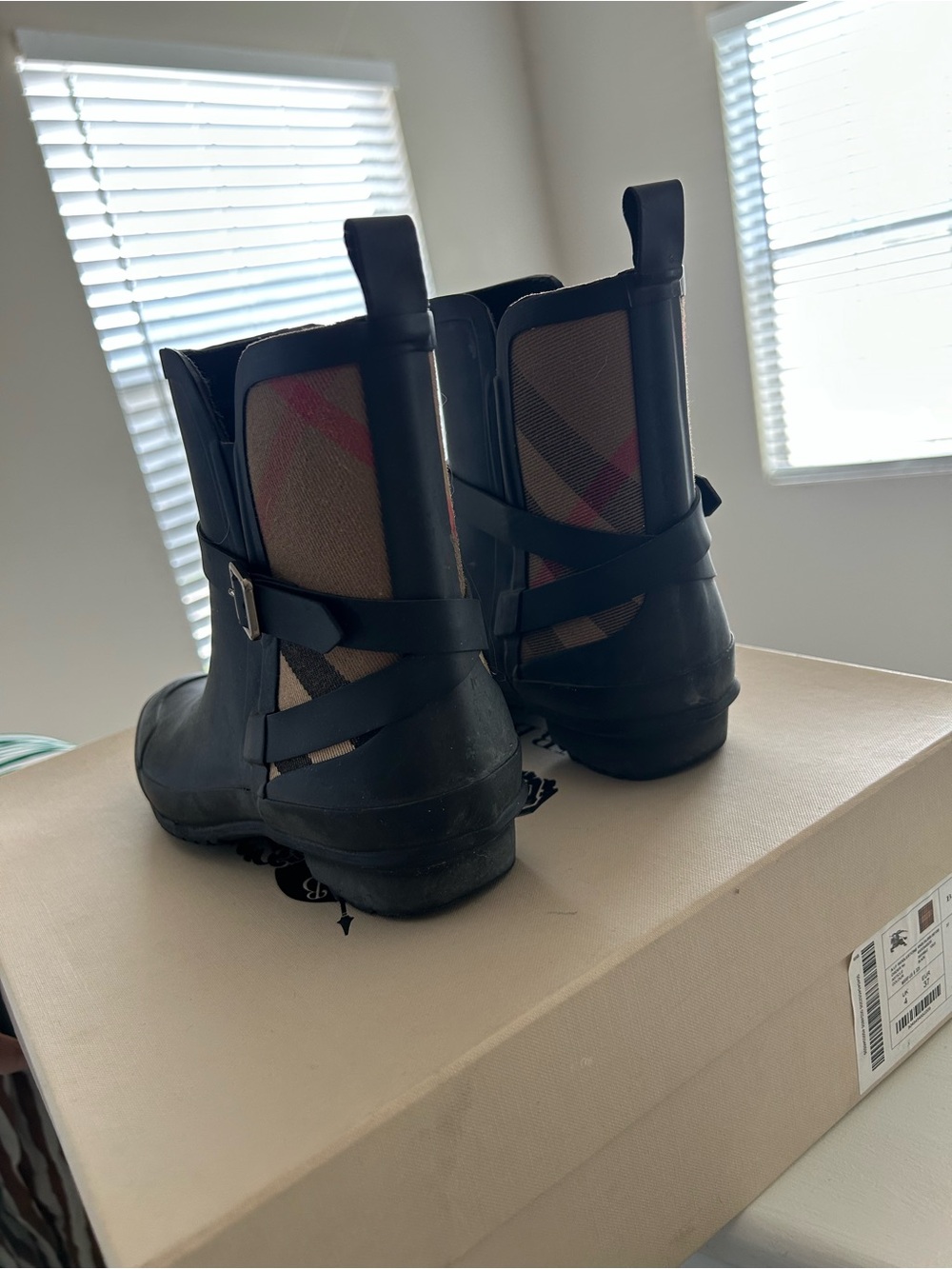Burberry Black Women's Chelsea Rain Ankle Boots with Plaid Panel - Picture 3 of 8